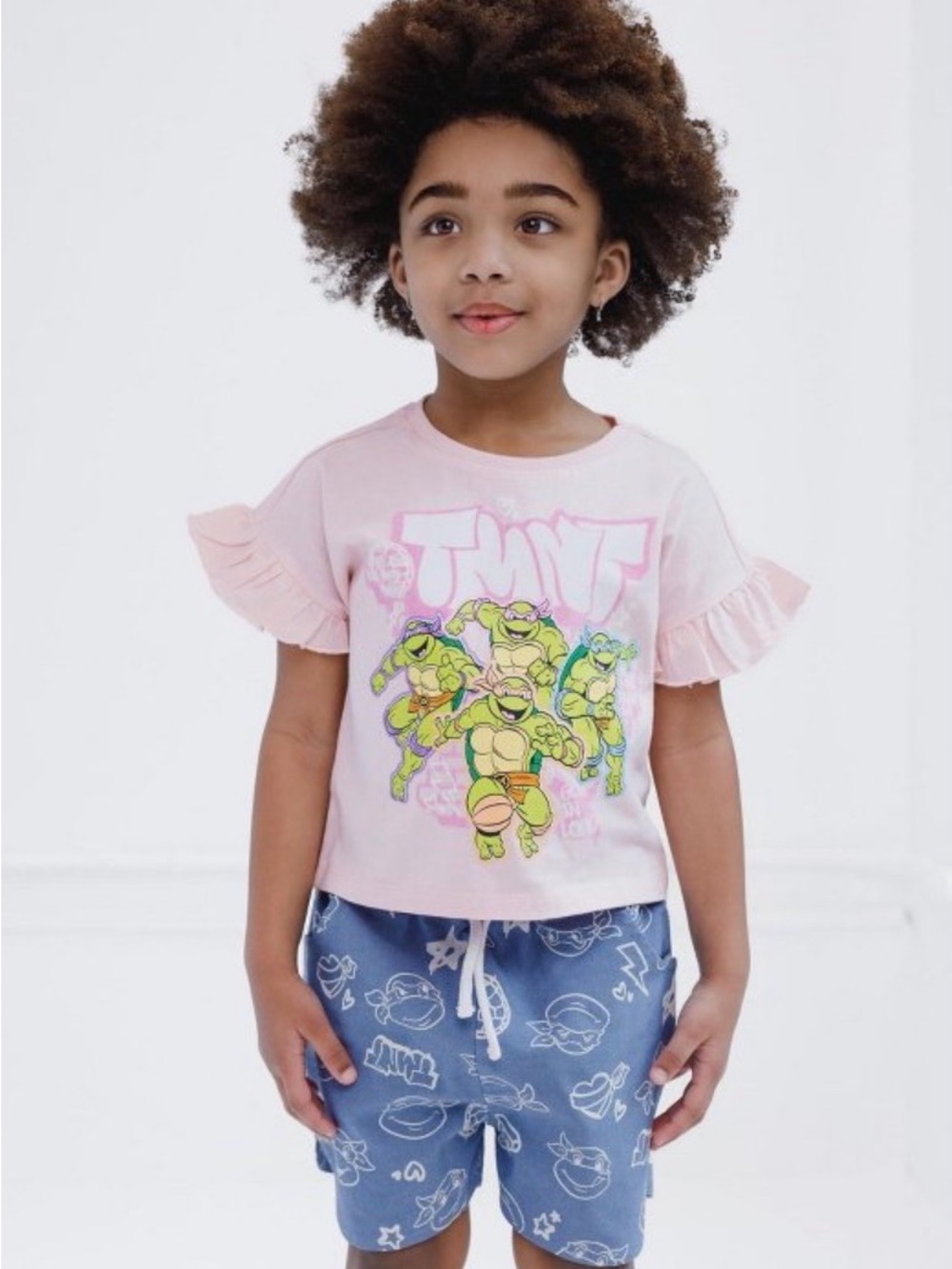Girls Pink Ruffle Sleeve TMNT Graphic Tee and shorts set